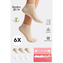 Bamboo Star Bambu Kadın Patik Düz Beyaz - Krem Çorap Dikişsiz Premium Kutulu 6'lı Paket Krem - Beyaz