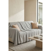 İskandinav Dokulu Pamuklu Saçaklı Koltuk Örtüsü Ve Koltuk Şalı Kaymaz Terletmez 180x300 Cm Açık Gri