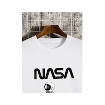 Magors Stıl-x Pamuklu Siyah, Kırmızı, Mavi, Beyaz Renklerde, Nasa Baskılı Oversıze Sweatshırt Beyaz