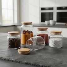 1 Adet Bambu Kapaklı Borosilikat Cam Kavanoz - Vakumlu Sızdırmaz Silikon Contalı Yuvarlak Şeffaf Erzak Kabı Baharatlık Ve Mutfak Düzenleyici Boy Seçenekli 500ml 7009