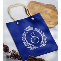 Bk Gift Kişiye Özel Harfli Saks Mavi Halat Saplı Kumaş Bez Çanta-7, Baskılı Omuz Çantası, Alışveriş Çantası