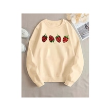 Herkesemoda Çilek Baskılı Bisiklet Yaka İçi Polarlı Sweatshirt Bej
