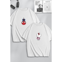 Unisex Kadın Erkek Hello Kitty Spiderman Baskılı Sevgili Çift Kombini Tasarım Oversize Tshirt 2'li Beyaz Mck0101 Beyaz
