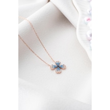 925 Ayar Gümüş Mavi Renk Geçişli Minimal Şans Yonca Kolye Rose Gold