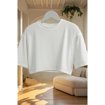 Kadın Beyaz Bisiklet Yaka Oversize Crop Tişört - %100 Pamuklu Basic Kısa Kol Beyaz