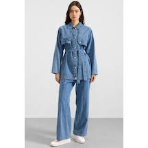 Olcay Pelerin Ve Metal Düğmeli Ceket Pantolon Denim İkili Takım Mavi 9393-tk