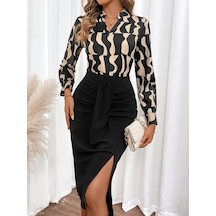 Kadın Uzun Kollu V Hakim Yakalı Desenli Dalgıç Bluz Ve Önden Büzgülü Krep Ikili Takım Siyah Kadın Uzun Kollu V Hakim Yakalı Desenli Dalgıç Bluz Ve Önden Büzgülü Krep Ikili Takım Siyah