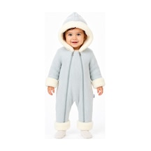 Tatlı Unisex Bebek Triko Tulum Peluş Detaylı Kapüşonlu Çift Fermuarlı Kışlık Bebek Kozmonot Tulumu Gri