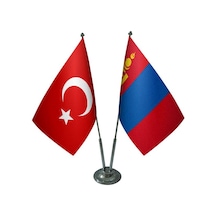 Masa Üstü Moğolistan Bayrağı Türk Bayrağı İkili Krom Direk Masa B