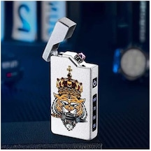 Trendooze Gaojunshop01 Taçlı Kaplan Desenli Rüzgar Geçirmez Usb Şarjlı Çift Arklı Çakmak Gümüşi El Eletrikli Cep Aletleri İçin Gümüş