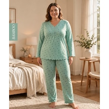 Derya Kadın Büyük Beden Dantel Yaka Bambu Uzun Kol İnce Pijama Takımı 8141y - 1 Adet Yeşil