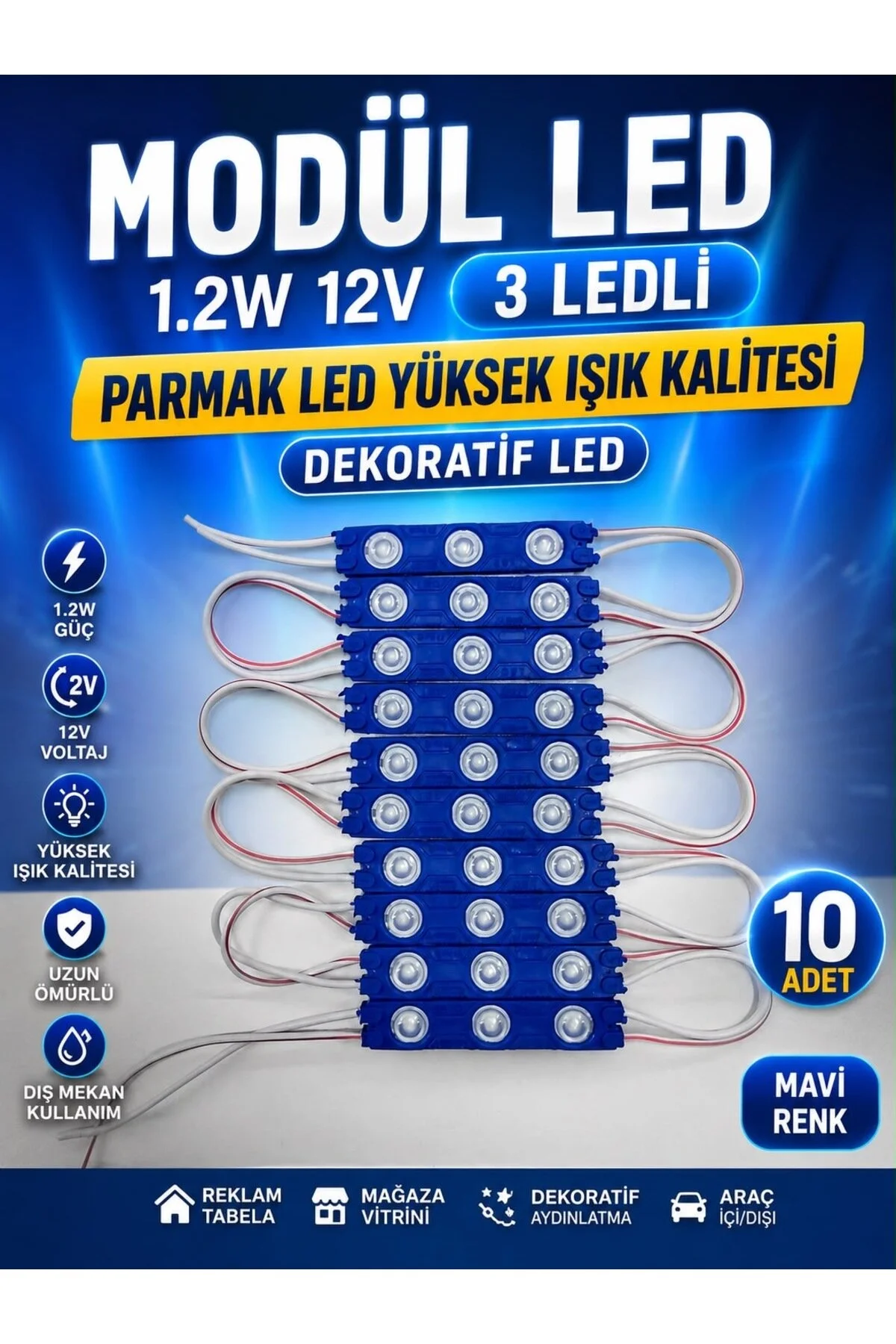 Modül Led 1.2w 12v 3 Ledli Parmak Led Yüksek Işık Kalitesi Dekoratif Led 10 Adet Mavi