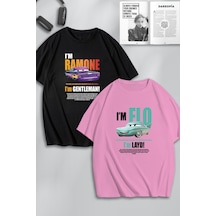 Unisex Kadın Erkek Ramone,flo Layd Ve Gentleman Baskılı Sevgili Çift Kombini Tasarım Oversize Tshirt Siyah Pembe Mck0512 Siyah Pembe
