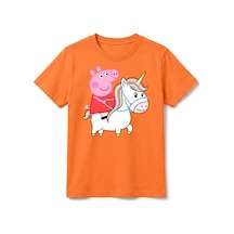 Urbantrendstore Peppa Pig Temalı Unisex Kız Çocuk Erkek Çocuk Bisiklet Yuvarlak Yaka Basic Kısa Kollu %100 Pamuk Tişört Turuncu