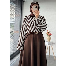 Trend Paris Retro Zigzag Desenli Oversize Örgü Triko Kazak Kahverengi Standart