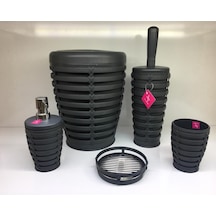 Primanova Palm 5 Parça Yuvarlak Çöp Kovalı Banyo Seti Antrast Gri