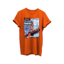San Francisco California Yazılı Golden Gate Köprüsü Baskılı %100 Pamuk Regular Fit Unisex T-shirt Turuncu