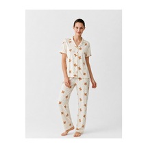 Regular V Yaka Günlük Kırık Beyaz Pijama Takımı