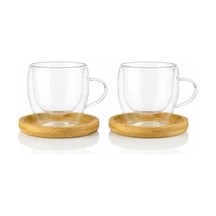 2'li Çift Cidarlı Cam Kupa 90 Ml & Bambu Tabak Seti Isı Korumalı Şeffaf Cam Kahve Fincan Takımı Çok Renkli