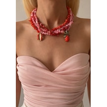 El Yapımı Sedef, Mercan & Pembe Opal Doğal Taş 3 Katmanlı Sarmal Kolye Seti Kırmızı - Pembe