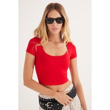 Tudors Kadın Slim Fit Dar Kesim Kısa Kollu U Yaka Kırmızı Bluz-33515 Kırmızı