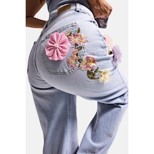 Itsbasic Kadın Kot Rengi 4s6-89 Straight Fit Gül Ve Nakış Detaylı Özel Tasarım Denim Jean Mavi