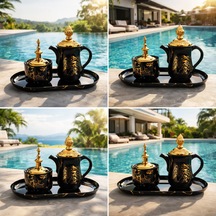 Banum Luxury Lüks Porselan Siyah Ve Altın Tonlu 3lü Set Tütsülük