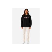 Herkesemoda Rose Baskı Detaylı Şardonlu 2 İplik Bisiklet Yaka Sweatshirt Siyah