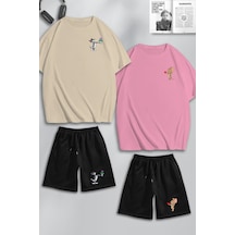 Unisex Kadın Erkek Çiçekli Tom Ve Jerry Baskılı Sevgili Çift Kombini Tasarım Oversize Tshirt Ve Şort Bej Pembe Siyah Mck0428 Çok Renkli