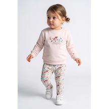 Minipomes 1-4 Yaş Kız Bebek Flover Garden Ribana Taytlı Sweat Takım Pembe