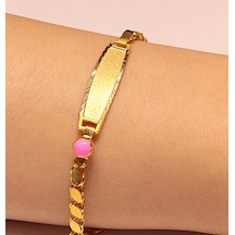 Altın Pembe Taşlı Pullu Model Bebek Künyesi Sarı Altın