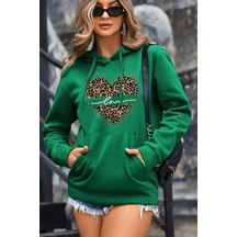 Kalp Baskılı Oversize Sweatshirt Yeşil
