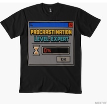 Flood Of Style Procrastination Level Expert Retro İnternet Mizahı Erkek Kadın Tişörtü %100 Pamuklu Tişört Siyah