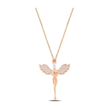 Çekirdekjewelry 925 Ayar Gümüş Melek Kolye Zirkon Taşlı Kanatlı Melek Figürlü Kadın Kolye Pembe