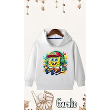 Startmore Sünger Bob Baskılı Kapüşonlu Çocuk Sweatshirt Beyaz