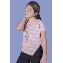 Toontoy Kids Toontoy Kız Çocuk Baskılı Bisiklet Yaka Kısa Kollu Fermuarlı Piliseli Çizgili Tişört Somon