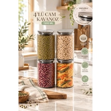 Porsima S-2087 4'lü Çizgili Cam Kavanoz Seti 1500 Ml Metal Vakum Kapaklı Mutfak Kiler Erzak Ve Bakliyat Saklama Kabı Cam - Şeffaf