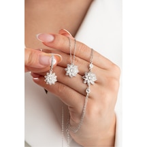 Çekirdekjewelry 925 Ayar Gümüş Lotus Çiçek Takı Seti Taşlı Kolye, Küpe Ve Bileklik Gri