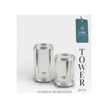 Chacha Home Luxury Tower Dou İthal 2'li Lüks Metal Mumluk Seti Gümüş