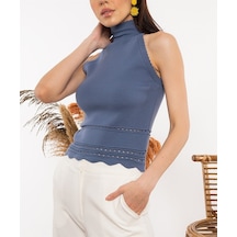 Aqe Fashion Kadın Halter Yaka Dantel Detaylı Bluz İndigo-İndigo