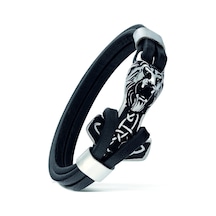 Erkek Çelik ve Deri Bileklik Aslan Ve Çapa Figürlü