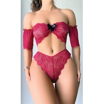 Ang Butik Kadın Fiyonk Detaylı Kırmızı Dantel Sütyen Külot Takım