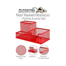 Masaüstü Metal Kalemlik Seti 3 Lü Kombo 1 Paket Fileli Perfore Renkli Kalemlik Kağıtlık Küpnotluk Düzenleyici Kırmızı