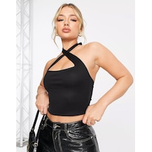 Liona Kadın Boyun Bağlamalı Asimetrik Yaka Siyah Crop Top Bluz 001 Siyah S