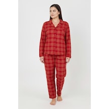 Bravie Luxury Soft Kırmızı Ekose Desenli Uzun Kollu Kadın Pijama Takımı Büyük Beden 3018 Kırmızı