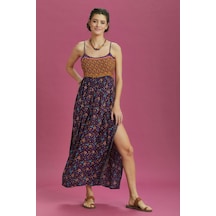 Askılı Yırtmaçlı Çiçekli Robadan Elbise 001