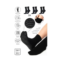 Saysez Bambu Kaydırmaz Taban Silikon Baskı Hac Umre Tavaf Hamile  Pilates Yoga Lastiksiz Çorap 3'lü Siyah