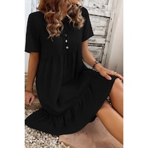 Suma Kadın Fırfır Desenli Süprem Elbise - Kısa Kollu Bağcıklı Yaka SIYAH