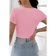 Kadın Zarif Dokunuş Pembe Yarım Kol Düz Yaka Crop Top Bluz