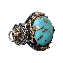 Gerçek Doğal Arizona Turkuaz Taşlı Aslan Yüzüğü - Gümüş Erkek Yüzüğü Gümüş